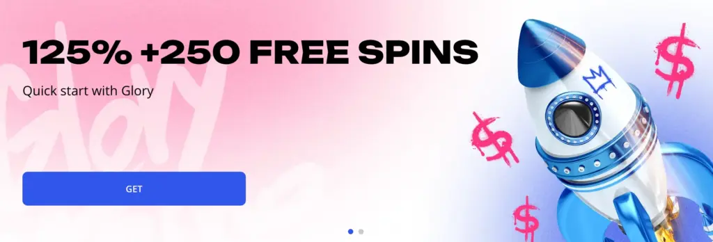 নীল-সাদা রকেটসহ ১২৫% + ২৫০ ফ্রি স্পিনস বোনাসের প্রোমো ব্যানার।