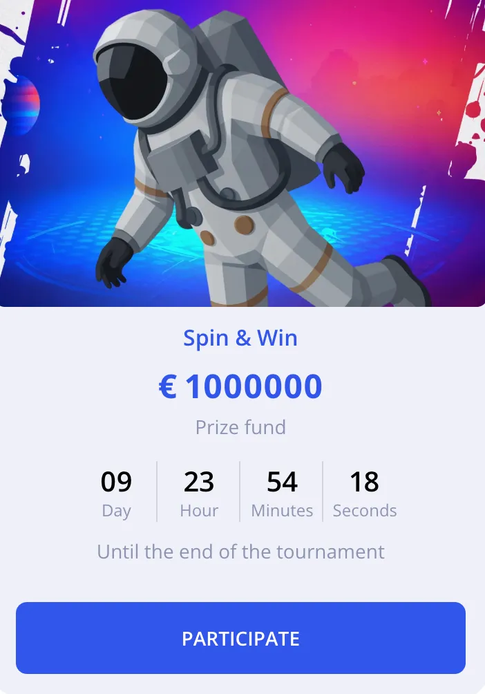 অ্যাস্ট্রোনটের ইলাস্ট্রেশন সহ স্পিন অ্যান্ড উইন টুর্নামেন্ট ব্যানার এবং পুরস্কারের অর্থ প্রদর্শন।
