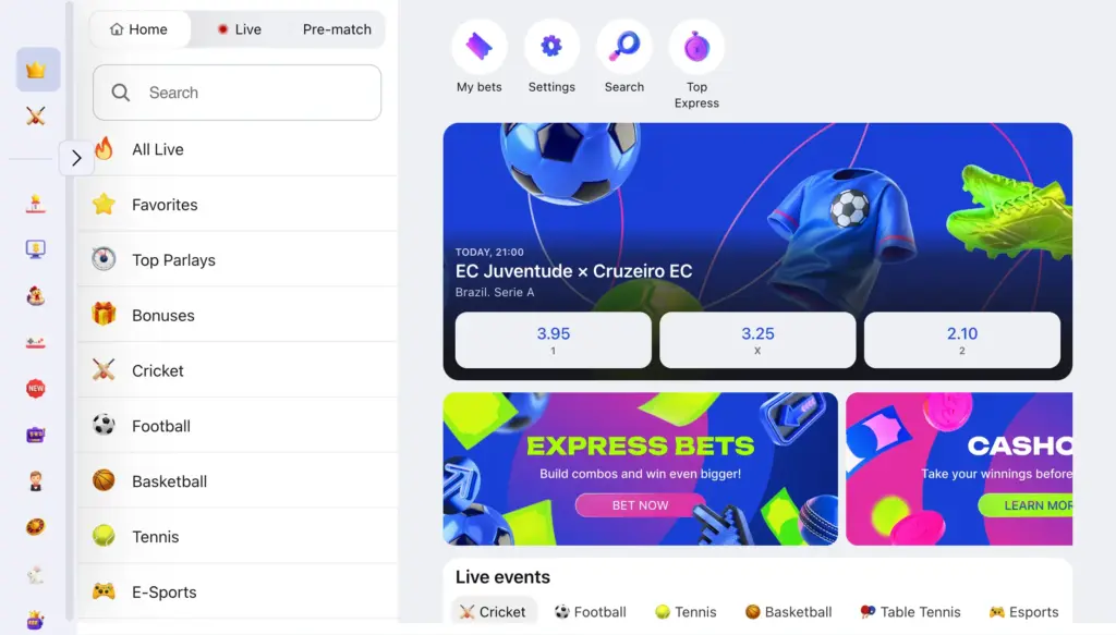 গ্লোরি ক্যাসিনোর স্পোর্টসবুক ইন্টারফেস, লাইভ ইভেন্ট, অডস এবং মেনু অপশনসহ হোম স্ক্রিন।